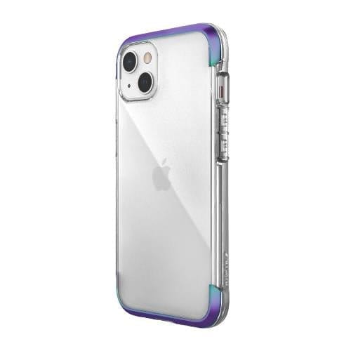 iPhone 13 Pro Max Mini Case Raptic Air Clear Bumper Hard Cover with purple edges and metallic accents shown on a white iPhone 13 displaying the Apple logo, this sleek, shock-absorbent case by Raptic is also MagSafe compatible.