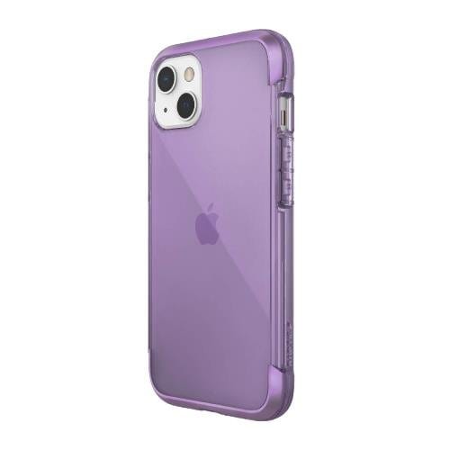 A purple iPhone 13 with a clear, shock-absorbent Raptic iPhone 13 Pro Max Mini Case Raptic Air Clear Bumper Hard Cover, showing the back view with dual cameras and Apple logo, and is MagSafe compatible.