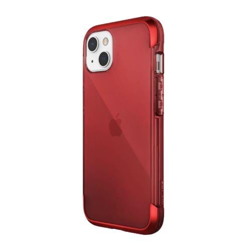 A red iPhone 13 Pro Max Mini Case Raptic Air Clear Bumper Hard Cover with a matching red smartphone inside, showcasing the rear dual camera setup and side buttons. This stylish Raptic MagSafe compatible case is also shock absorbent for added protection.