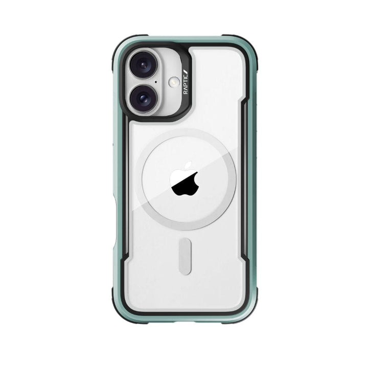 Clear protective phone case with a green trim for an iPhone 16 Plus, featuring a white circular MagSafe design on the back and the Apple logo in the center. The camera cutout is surrounded by a raised black border, ensuring drop protection, and the case displays the Raptic Shield branding near the lens.