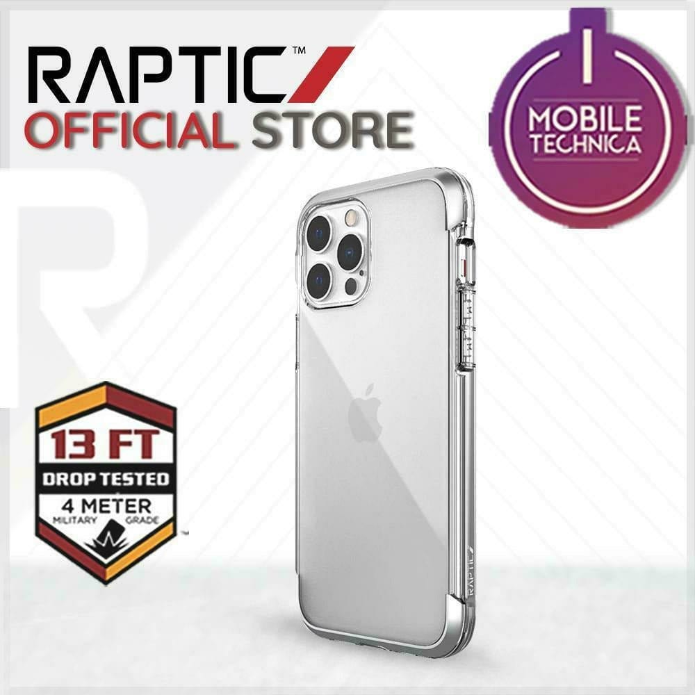 The iPhone 13 Pro Max Mini Case Raptic Air Clear Bumper Hard Cover on a smartphone, advertised by the Raptic Official Store, is an iPhone 13 case featuring 13 ft drop test certification, "Mobile Technica" approval, and is shock absorbent and MagSafe compatible.