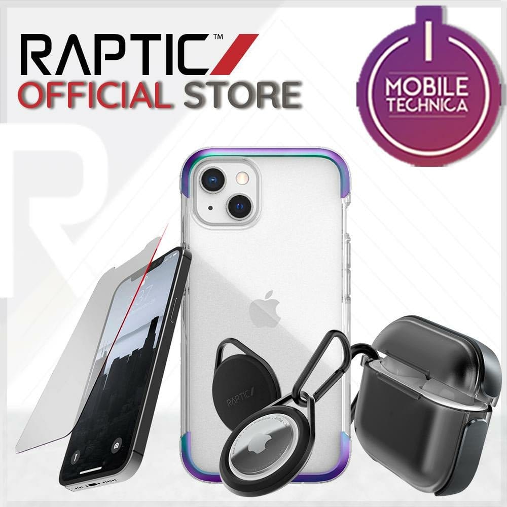 A clear iPhone 13 Pro Max Mini Case Raptic Air Clear Bumper Hard Cover with a purple gradient border, a screen protector, a shock absorbent keychain accessory, and a black earbud case are displayed under a "Raptic Official Store" banner with a "MobileTechnica" logo.