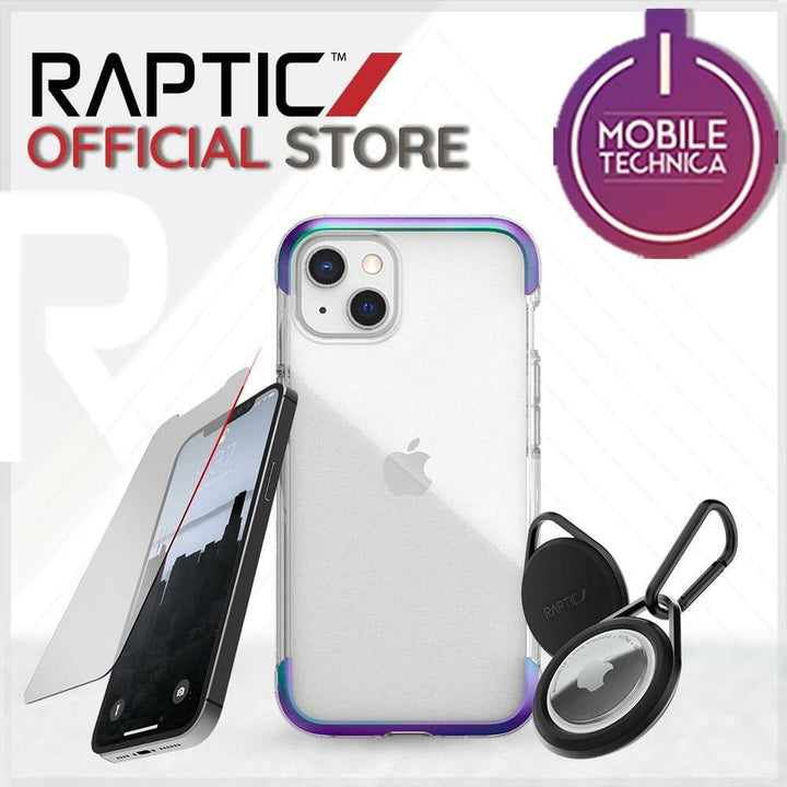 Raptic Official Store display featuring an iPhone 13 Pro Max Mini Case Raptic Air Clear Bumper Hard Cover with a tempered glass screen protector, a clear phone case, and a detachable keyring accessory for easy carrying. The Shock absorbent design ensures durability, and the Mobile Technica award logo is proudly visible.