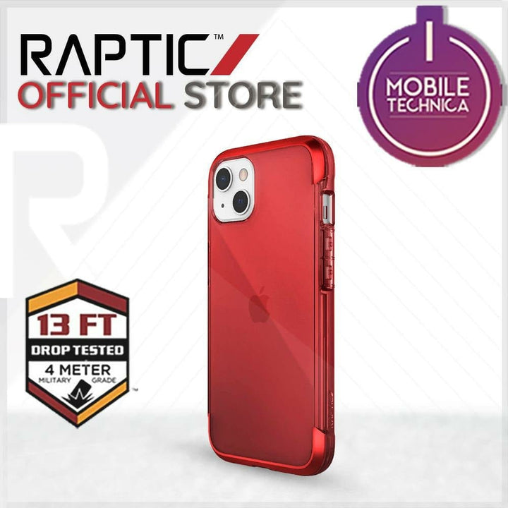 Promotional image of a red iPhone 13 Pro Max Mini Case Raptic Air Clear Bumper Hard Cover displayed by the Raptic Official Store, with logos indicating it meets 13-foot drop test standards and an award from Mobile Technica. The shock absorbent case is also MagSafe compatible for your convenience.