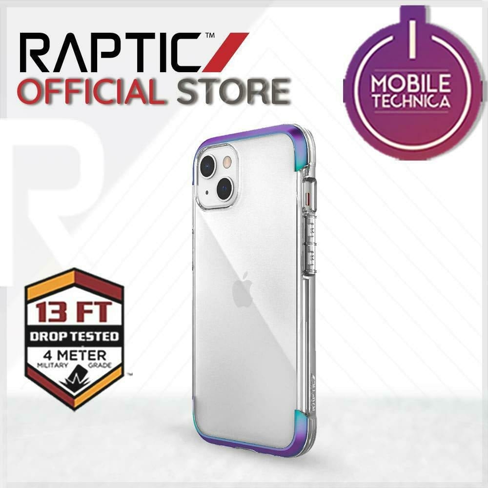 Image of a smartphone in a clear protective Raptic case with purple accents. Surrounding text includes "Raptic Official Store," "Mobile Technica," and a "13 FT Drop Tested" badge. This MagSafe compatible iPhone 13 Pro Max Mini Case Raptic Air Clear Bumper Hard Cover is also shock absorbent for added protection.