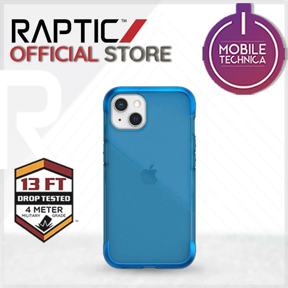 Image of a blue iPhone 13 Pro Max Mini Case Raptic Air Clear Bumper Hard Cover with an Apple logo displayed on a promotional banner. The banner features logos for "Raptic Official Store," "Mobile Technica," and "13 FT Drop Tested." This shock absorbent case is also MagSafe compatible, ensuring both durability and convenience.