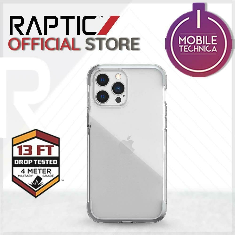 Raptic Official Store product image showcasing an iPhone 13 Pro Max Mini Case Raptic Air Clear Bumper Hard Cover labeled as "13 FT Drop Tested, 4 Meter Military Grade," with the Mobile Technica logo. MagSafe compatible and shock absorbent for ultimate protection.