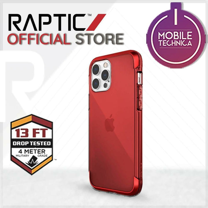 iPhone 13 Pro Max Mini Case Raptic Air Clear Bumper Hard Cover in a protective, shock absorbent cover displayed against a light background. Text reads "Raptic Official Store," "Mobile Technica," and "13 ft Drop Tested 4 Meter Military Grade." MagSafe compatible for seamless charging.