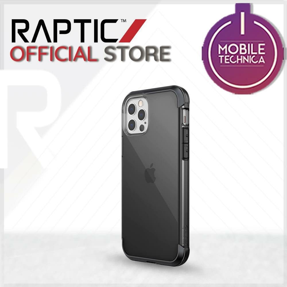 A black iPhone 13 Pro Max Mini Case Raptic Air Clear Bumper Hard Cover with a clear, shock absorbent protective cover is displayed in front of the "RAPTIC Official Store" logo and a "Mobile Technica" award badge.