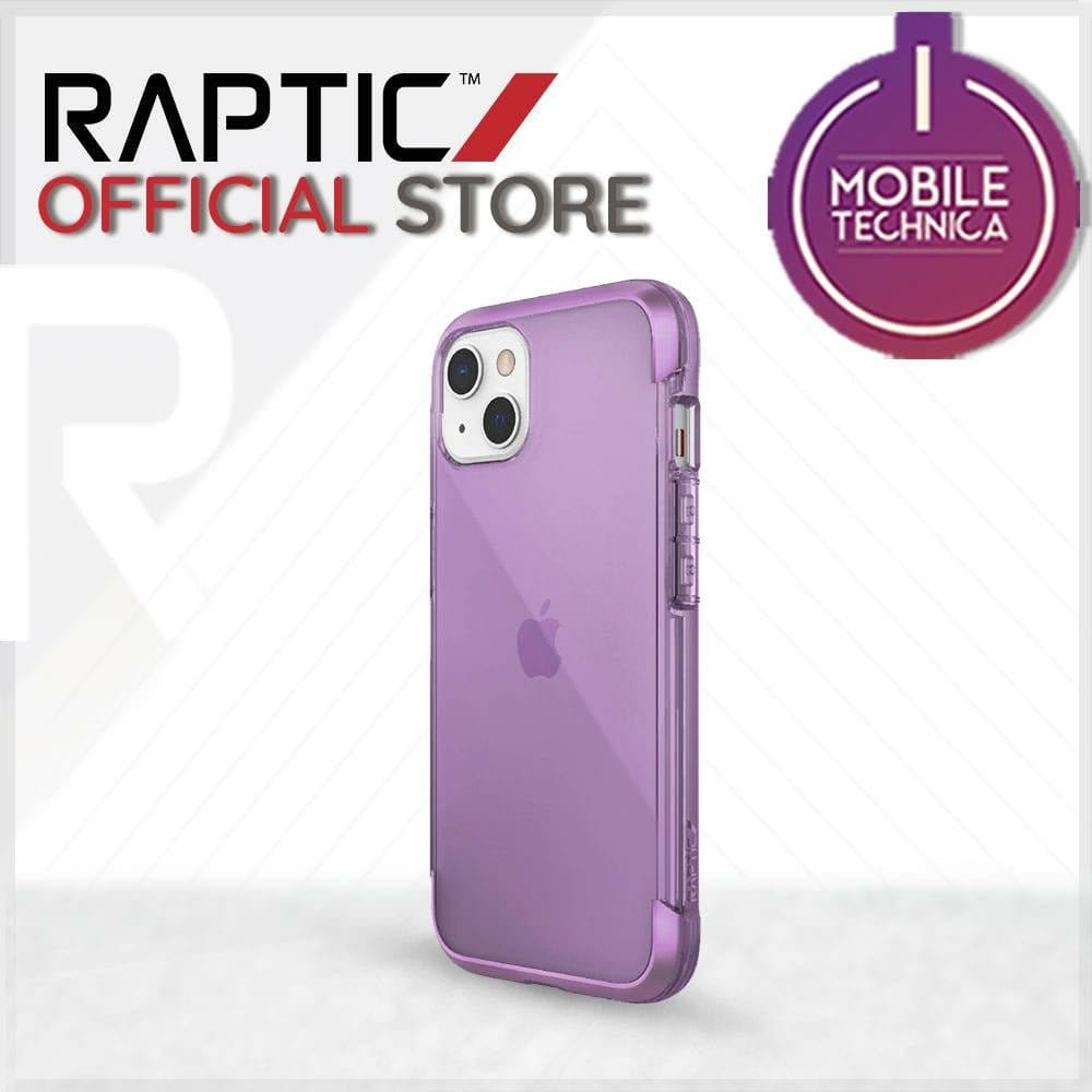 A purple iPhone 13 Pro Max Mini Case Raptic Air Clear Bumper Hard Cover displayed upright against a light background. Text on the image includes "Raptic Official Store" and a round emblem with "Mobile Technica." This MagSafe compatible case is also shock absorbent, providing both style and protection for your device.