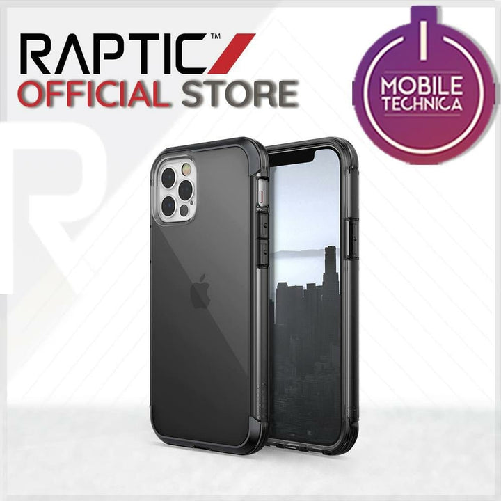 A black, shock absorbent smartphone case on a device with a cityscape wallpaper is shown, with the text "Raptic Official Store" and the "Mobile Technica" logo in the background. This sleek iPhone 13 Pro Max Mini Case Raptic Air Clear Bumper Hard Cover is also MagSafe compatible.