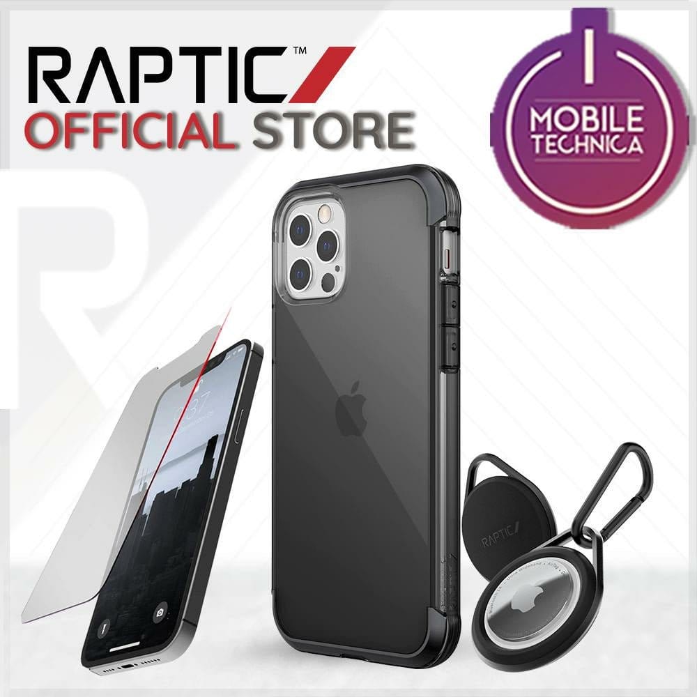 Promotional image showcasing an iPhone with a screen protector, a shock absorbent Raptic phone case, and a Raptic keychain accessory. The text reads "Raptic Official Store" and features the Mobile Technica logo. Perfect for those seeking iPhone 13 case options that are MagSafe compatible, such as the iPhone 13 Pro Max Mini Case Raptic Air Clear Bumper Hard Cover by Raptic.