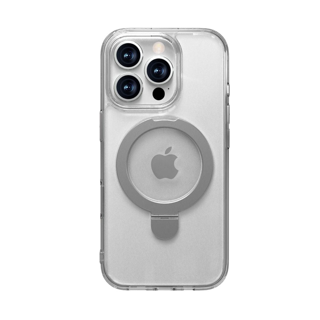 The Raptic Air Stand MagSafe Case for iPhone 16 Series was fitted onto a phone featuring three rear cameras and a flash. The case has an integrated circular MagSafe ring with a small tab at the bottom and is crafted from anti-yellow material. The Apple logo is clearly visible through the case, positioned within the center of the MagSafe ring.