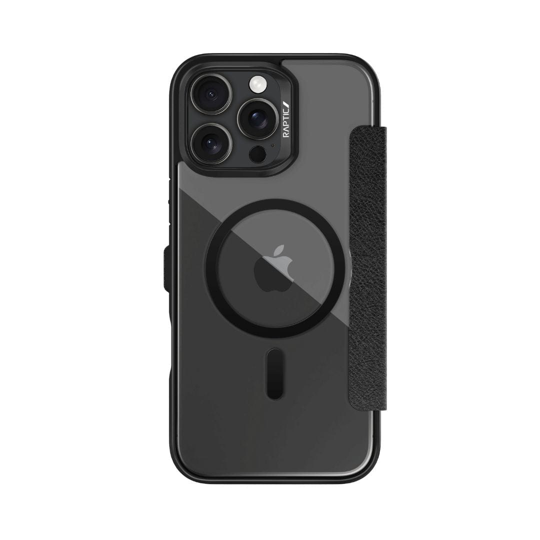 The Raptic MagSafe Urban Folio Case with Card Slot for iPhone 16 is a black case that features a transparent back with a circular design in the center, showcasing the Apple logo. It includes multiple camera openings and has a rectangular, textured grip on the right side. The word "Raptic" is printed near the camera module.