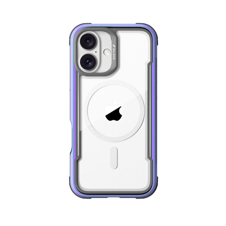 A smartphone in a protective case is shown from the back. The Raptic Shield MagSafe Case for iPhone 16, designed by Raptic, boasts a rugged design with a slightly transparent back, revealing the Apple logo and MagSafe charging circle. Meeting MIL-STD-810G Standards, it features dual cameras on the top left corner and includes a purple-blue gradient bumper.