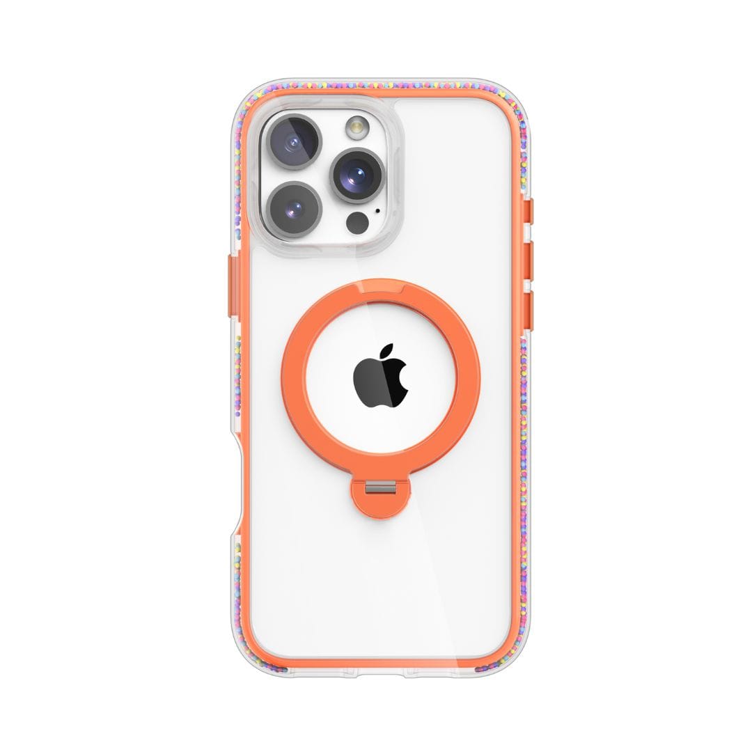 The Raptic AirJoy Beads with 360 Kickstand for iPhone 16 Pro showcases a sleek smartphone featuring a white back and a prominent Apple logo at its center. Enclosed in a clear case with glittery edges and durable air bumpers, the case also includes a built-in orange ring holder around the Apple logo, offering practical grip functionality. The device is equipped with three rear camera lenses.