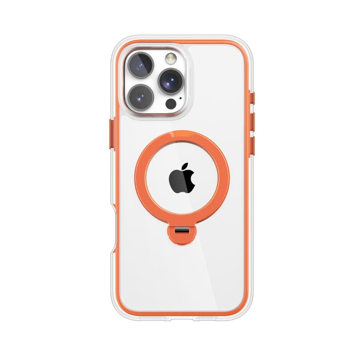 The Raptic AirJoy with 360 Kickstand for iPhone 16 Pro is a clear phone case featuring orange accents and a 360-degree rotating kickstand. The back displays an orange circular MagSafe-compatible ring around the Apple logo, along with precise cutouts for the camera lenses, flash, and other ports. Enhanced with an Air Bumper for superior shock absorption, this case offers both style and protection.