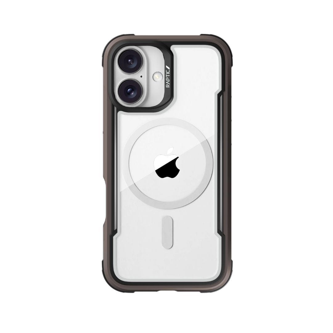 The Raptic Shield MagSafe Case for iPhone 16 Plus is a rugged case designed by Raptic. It features a dual-lens camera cutout and a prominent MagSafe ring in the center, with the Apple logo visible beneath it. The case has reinforced edges for added durability, offering drop protection, and a clear back to showcase the phone's original color.