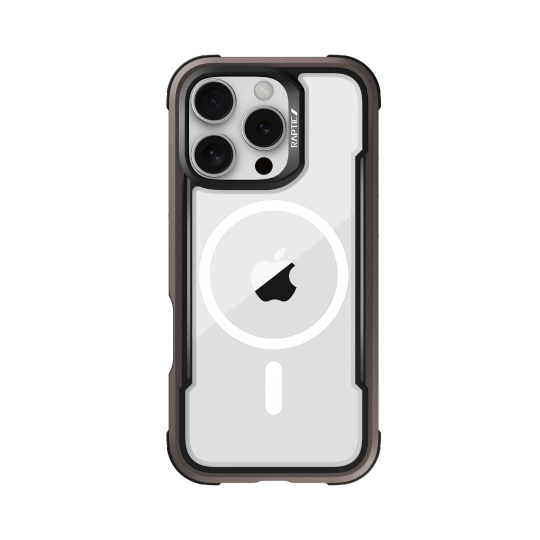 A smartphone with a clear protective case is shown. The Raptic Shield MagSafe Case for iPhone 16 Pro Max features black edges and a transparent back, revealing the phone’s Apple logo and MagSafe component. Offering 3-metre drop protection, the camera setup includes three lenses and a flash. The brand "Raptic" is printed near the camera module.