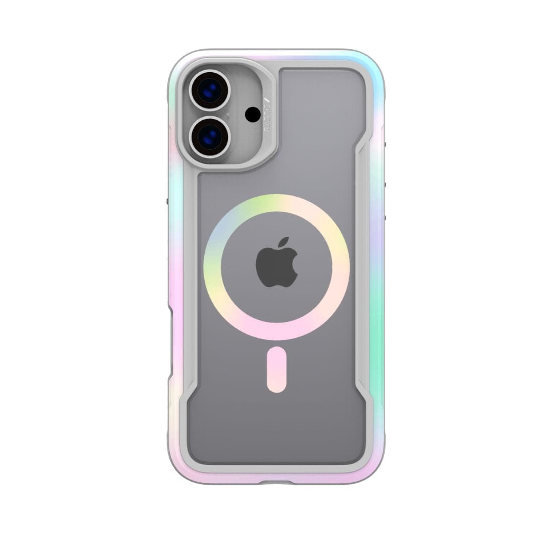 The Raptic Shield 2.0 MagSafe for iPhone 16 by Raptic is showcased, featuring a transparent design with a gradient iridescent border. The case includes a prominent circular MagSafe ring in the center and an additional small tab beneath it for enhanced everyday protection. The Apple logo remains visible through the clear section, and the phone displays its dual rear cameras.