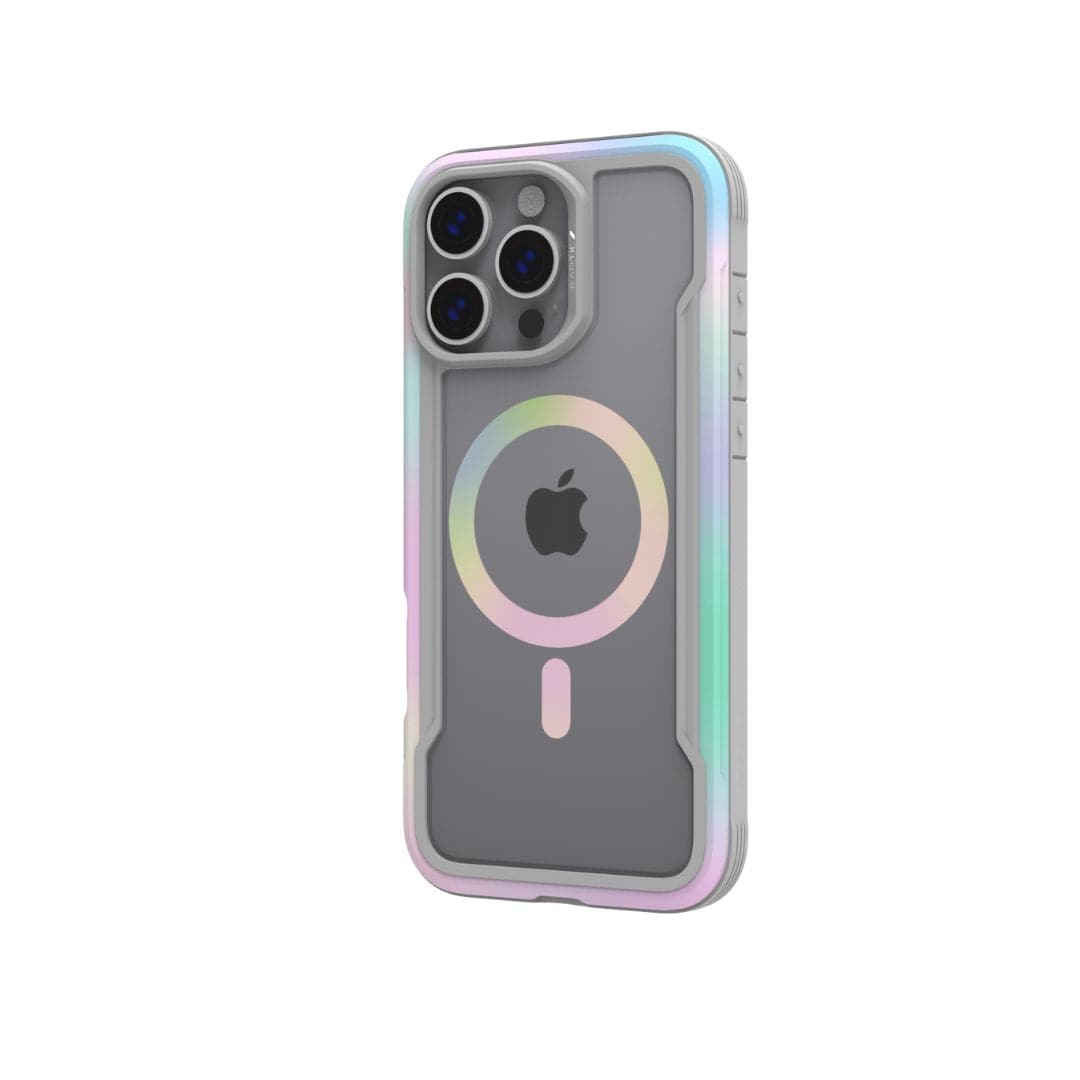 A smartphone encased in a Raptic Shield 2.0 MagSafe for iPhone 16 Pro Max case with a transparent back, revealing the Apple logo and MagSafe ring. The TPU bumper sports a soft, pastel gradient border in shades of pink, green, and blue. The case from Raptic also features three visible buttons on the right side and houses three rear camera lenses.