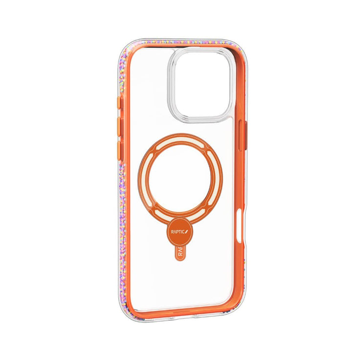 Image of the Raptic AirJoy Beads with 360 Kickstand for iPhone 16 Pro, featuring a clear phone case with orange accents and MagSafe compatibility. The edges are adorned with multicolored sprinkles and equipped with durable air bumpers for exceptional shock absorption. The inner frame is a vibrant orange color, and the Raptic brand logo is prominently displayed at the bottom of the MagSafe ring.