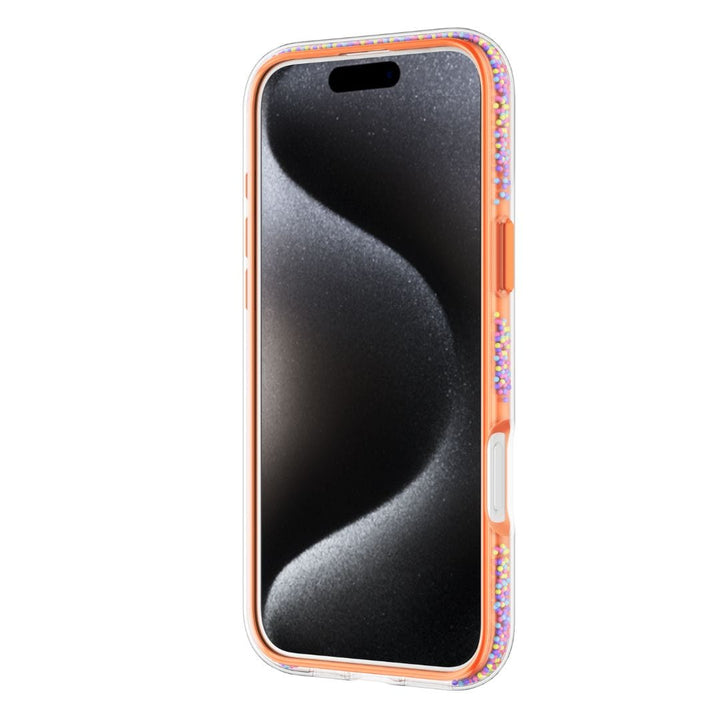 The Raptic AirJoy Beads with 360 Kickstand for iPhone 16 Pro is shown encasing a smartphone. The protective case features an orange border, glittery sides, and durable air bumpers. The phone screen displays a sleek, abstract black and silver wavy pattern. Additionally, the case boasts precision cutouts for the phone's buttons and ports.