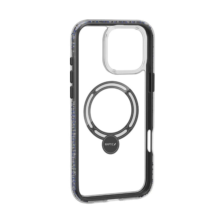 Introducing the Raptic AirJoy Beads with 360 Kickstand for iPhone 16 Pro: a transparent phone case featuring a sleek black border and buttons. The back showcases a circular, gray MagSafe-compatible ring accentuated by a smaller dark circle and the "RAPTIC" branding. Carefully engineered with precise cutouts for the camera and side buttons, this case also includes durable air bumpers that provide exceptional shock absorption.