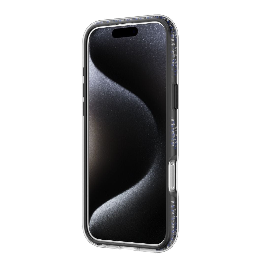 The Raptic AirJoy Beads with 360 Kickstand for iPhone 16 Pro showcases a modern design, encased in a clear protective case. The phone's black screen displays abstract wave patterns with a subtle gradient. The Raptic case features durable air bumpers, a thin profile with metallic edges, and precise cutouts for buttons and ports.