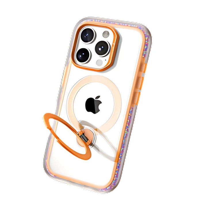 The Raptic AirJoy Beads with 360 Kickstand for iPhone 16 Pro is attached to a smartphone. This clear phone case features orange edges and a circular grip stand. Designed for exceptional shock absorption, it includes an orange ring around the Apple logo and accommodates three large camera lenses along with one small lens. The phone and case float gracefully against a white background.