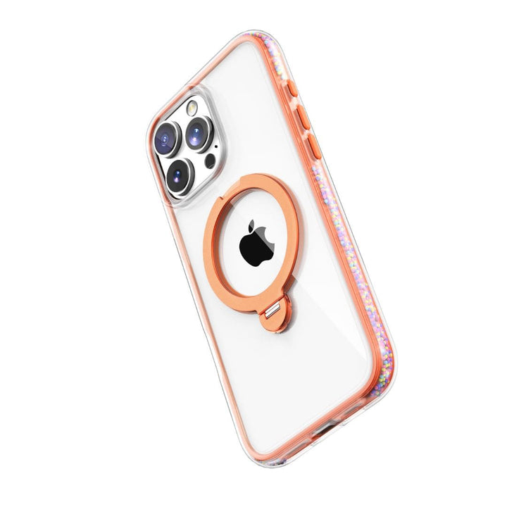 The Raptic AirJoy Beads with 360 Kickstand for iPhone 16 Pro showcases a smartphone in a clear case with a colorful, iridescent border. The case features an orange ring stand attached to the back, encircling the Apple logo. With durable air bumpers and exceptional shock absorption, the phone's three-lens rear camera system is visible at the top left corner.