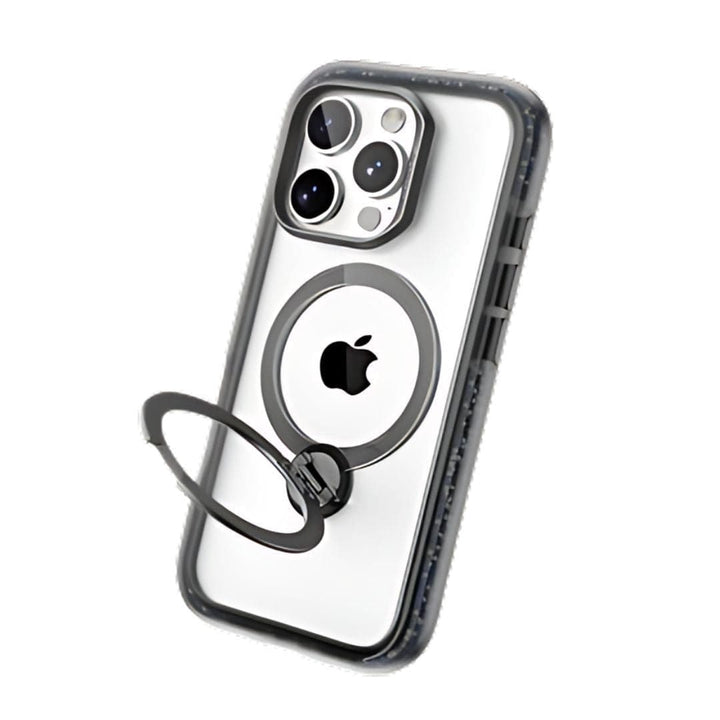 A close-up image of the Raptic AirJoy with 360 Kickstand for iPhone 16 Pro shows a smartphone in a clear case with shock absorption features and an air bumper. The back of the phone, primarily white and displaying an Apple logo in the center, includes a silver 360-degree rotating kickstand that's folded out. The phone features three rear cameras and a flash arranged in a triangular pattern.