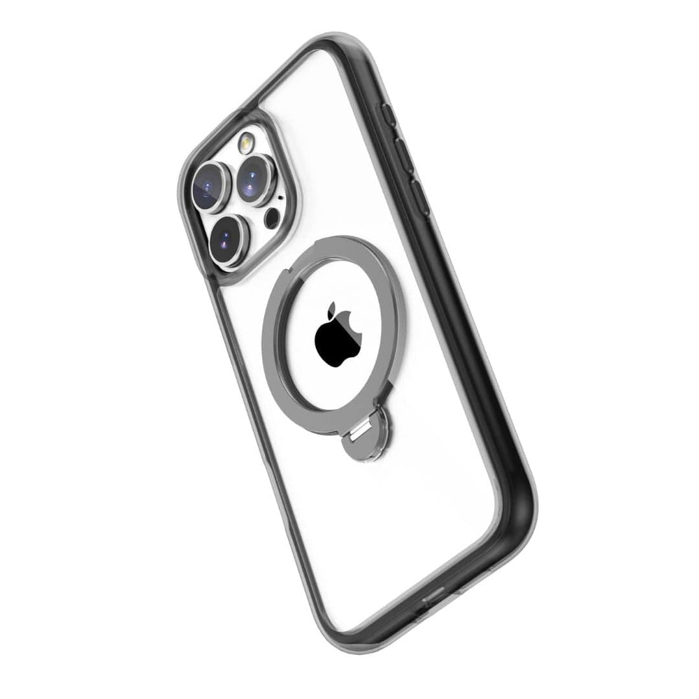 The Raptic Airjoy with 360 Kickstand for iPhone 16 Pro Max is shown at an angle, encased in a transparent protective case. The case prominently features a built-in, silver, 360-degree rotating kickstand in the center, perfectly positioned around the Apple logo. Designed by Raptic for superior shock absorption with air bumpers, the phone also showcases three camera lenses and a flash in the upper left corner.