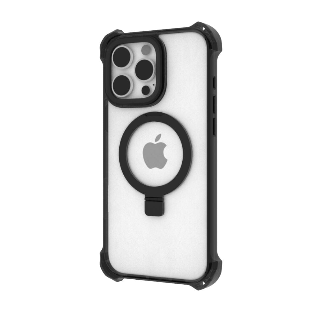 The Raptic Dual Impact Kickstand Case for iPhone 16 Pro Max by Raptic is a protective case with a transparent back, MagSafe compatibility, and black edges. It features reinforced corners for added durability and shock absorption, a circular ring stand that aligns with the Apple logo visible through the back, and a camera cutout that accommodates multiple lenses.