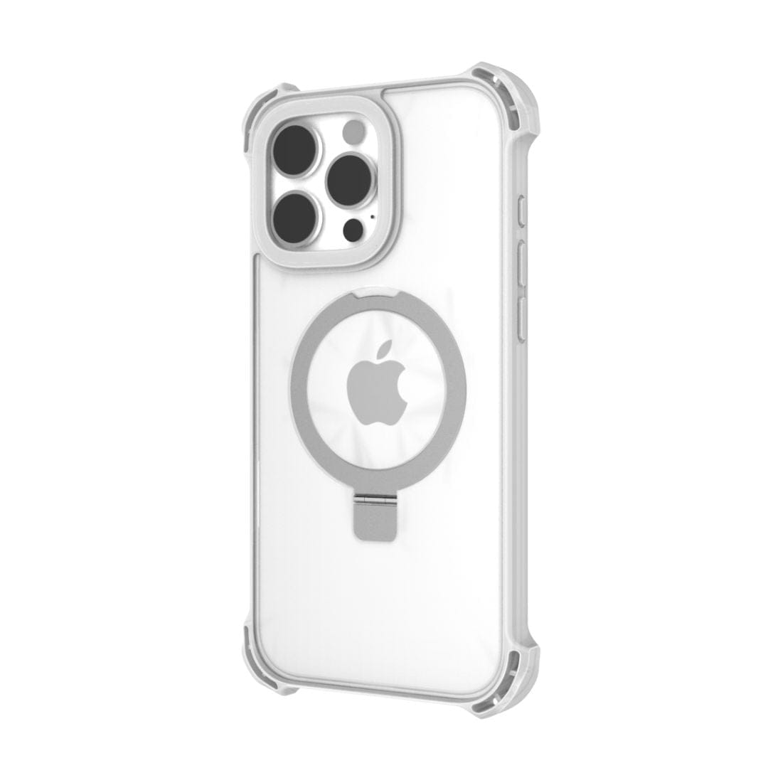 The Raptic Dual Impact Kickstand Case for iPhone 16 Pro Max is a clear phone case featuring a raised protective edge around the camera and screen. It boasts reinforced corners, shock absorption, a circular MagSafe compatibility magnet on the back, and precise cutouts for buttons and ports. An Apple logo is visible through the clear backing.