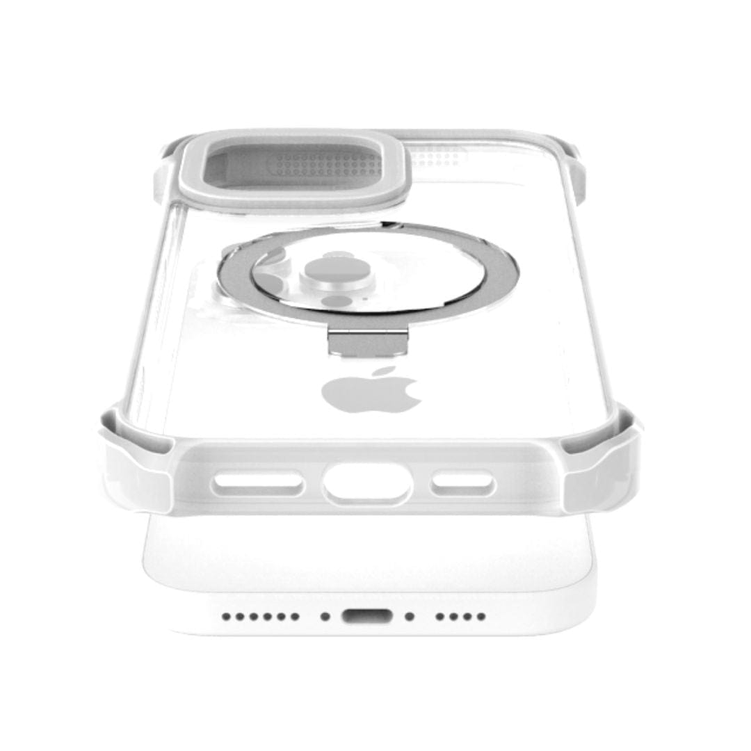 A Raptic Dual Impact Kickstand Case for iPhone 16 Pro Max, featuring clear design with rounded edges, is placed over the back of a white smartphone. The case boasts reinforced corners for shock absorption and includes a built-in circular ring holder in the center, along with MagSafe compatibility. The white phone's charging port and speaker grille remain visible at the bottom.