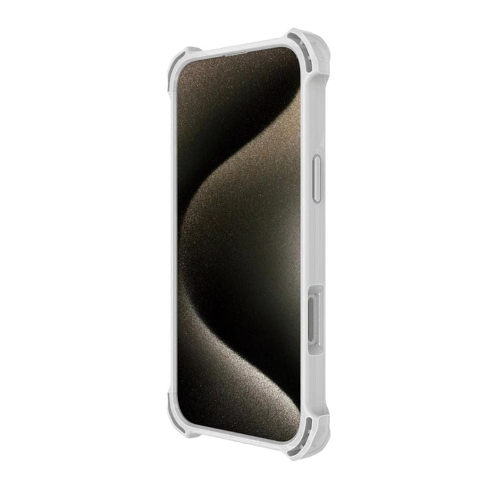 A smartphone encased in a white Raptic Dual Impact Kickstand Case, with reinforced corners designed for the iPhone 16 Pro Max. The phone screen displays an abstract wavy pattern in dark and light shades, resembling a metallic or sandy texture. The MagSafe-compatible Raptic case features precise cutouts for buttons and ports, ensuring shock absorption and ample protection.