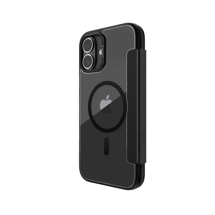 The Raptic MagSafe Urban Folio Case with Card Slot for iPhone 16 features a black design with a transparent back that reveals the Apple logo. It includes a prominent circular MagSafe ring for wireless charging compatibility and an attached black side flap, which may enhance grip or functionality and contains card slots. The case's rounded edges and corners provide additional protection.