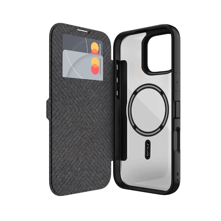 The Raptic MagSafe Urban Folio Case with Card Slot for iPhone 16 by Raptic features a black outer shell, a transparent back, and a built-in card holder. The case is open to reveal an inner compartment with spaces for two credit cards and a textured lining, where one Mastercard is visible. Additionally, the case is MagSafe compatible with a circular magnetic ring for mounting.