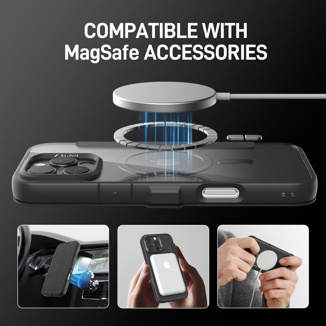 Image showing a Raptic MagSafe Urban Folio Case with Card Slot for iPhone 16. A MagSafe charger, depicted above the case, is charging the phone wirelessly. Three smaller images at the bottom show the case in use: attached to a car mount, being charged wirelessly, and used with a phone ring.