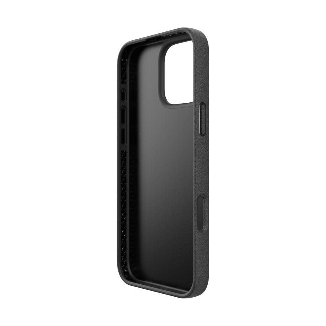 The Raptic MagSafe Wallet with Kickstand for the iPhone 16 in black is displayed standing upright at a slight angle. This case boasts precise cutouts for the camera, volume buttons, and charging port. The interior is lined with textured material for additional protection and seamlessly integrates MagSafe technology.