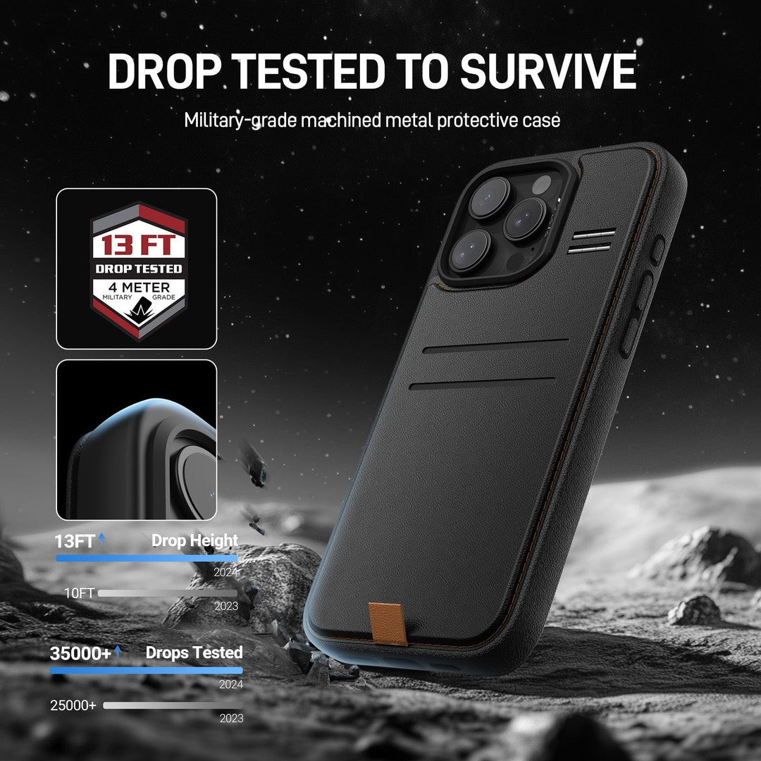 An image featuring a sleek, military-grade Raptic MagSafe Wallet with Kickstand for iPhone 16, designed by Raptic. The case, showcased against a rugged rocky landscape, boasts a 13-foot drop height rating and has been tested with over 25,000 drops. Notable features include dual camera cutouts and the tagline "Drop Tested to Survive.