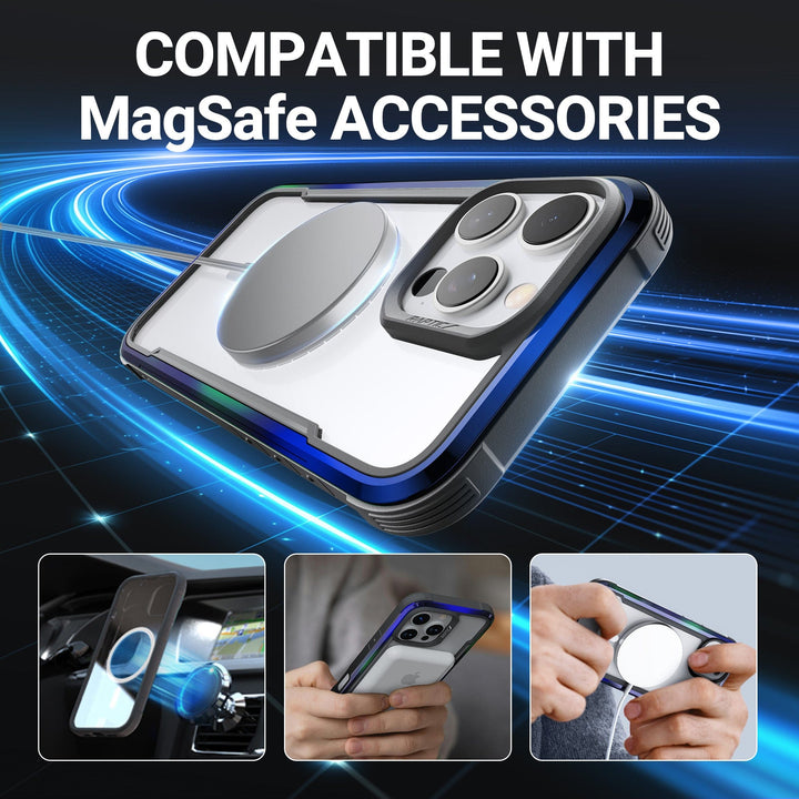 An advertisement features the Raptic Shield 2.0 MagSafe case for the iPhone 16 Pro Max, highlighting its compatibility with MagSafe accessories. The main image showcases the phone adorned with a circular MagSafe ring, surrounded by smaller images demonstrating usage in a car mount and securing attachments. A tech-inspired blue light trails backdrop enhances the visual appeal. The tagline reads: "COMPATIBLE WITH MAGSAFE ACCESSORIES.