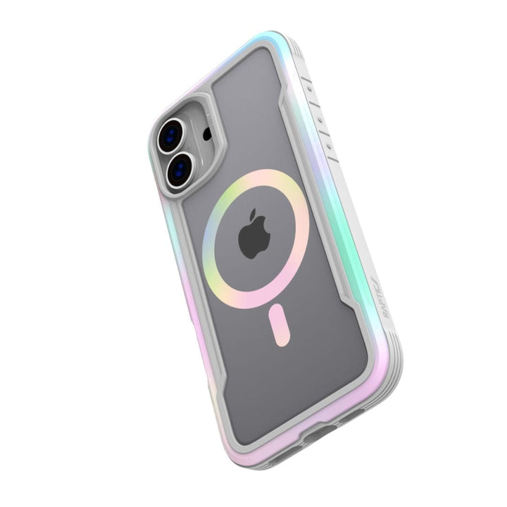 The Raptic Shield 2.0 MagSafe for iPhone 16 Plus is a clear phone case with a pastel iridescent border that prominently showcases the Apple logo on the back of your device. Constructed using a dual injection process, it offers exceptional durability and includes a circular MagSafe charging compatibility indicator. The case also features dual-camera cutouts, protective buttons, and a textured grip for enhanced handling.