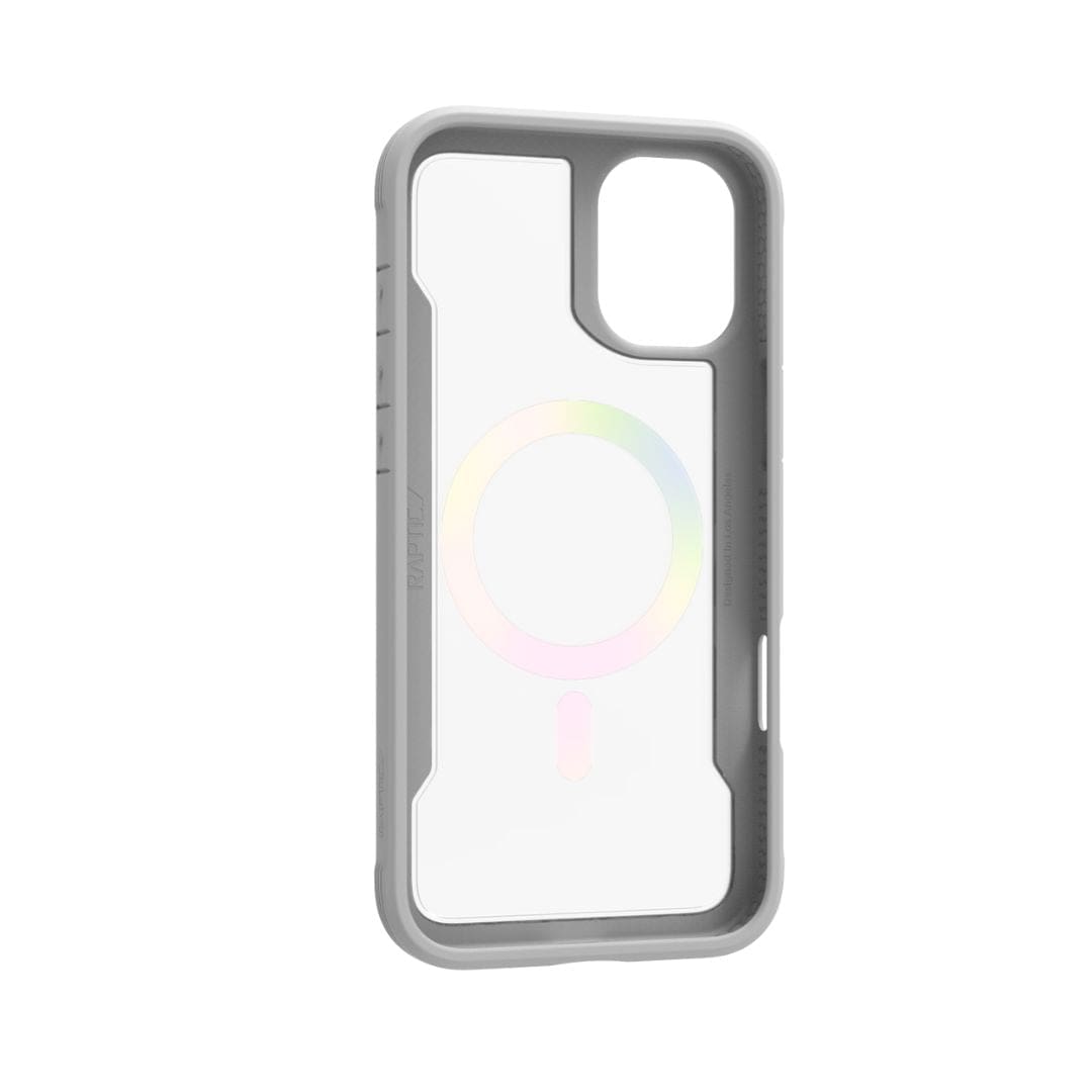 The Raptic Shield 2.0 MagSafe for iPhone 16 Plus, crafted by Raptic, is displayed in a gray and transparent design. The back showcases an IML Process MagSafe ring with a smaller vertical oval beneath it, both embellished with a subtle rainbow gradient. This case features reinforced corners and textured sides to enhance grip and protection, all while maintaining a lightweight build.