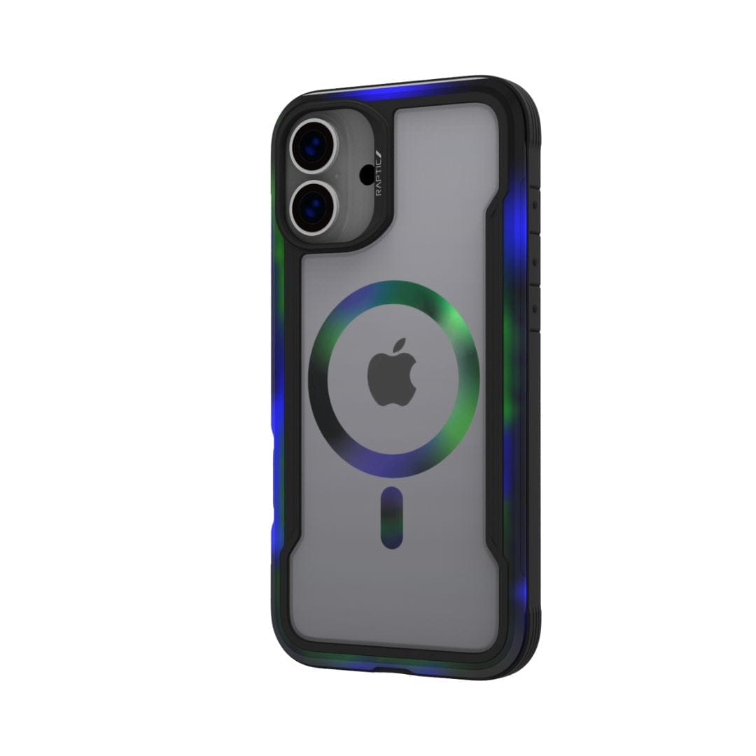 The Raptic Raptic Shield 2.0 MagSafe for iPhone 16 Plus is a lightweight smartphone case with a clear, protective MagSafe ring. The phone’s rear cameras and Apple logo remain visible, and the edges of the case feature a gradient color effect, transitioning smoothly between green and blue shades through an IML Process. Additionally, the side of the case includes a convenient button.