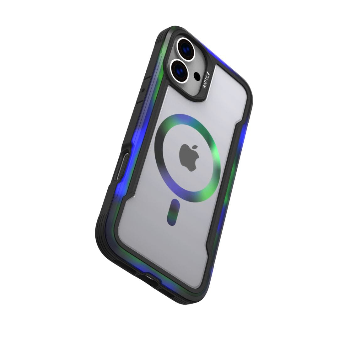 The Raptic Shield 2.0 MagSafe for iPhone 16 Plus, a smartphone with a black protective case featuring a transparent back that reveals the Apple logo. The case includes an IML Process MagSafe Ring on the back for wireless charging compatibility, and the phone's dual cameras are located at the top left corner.