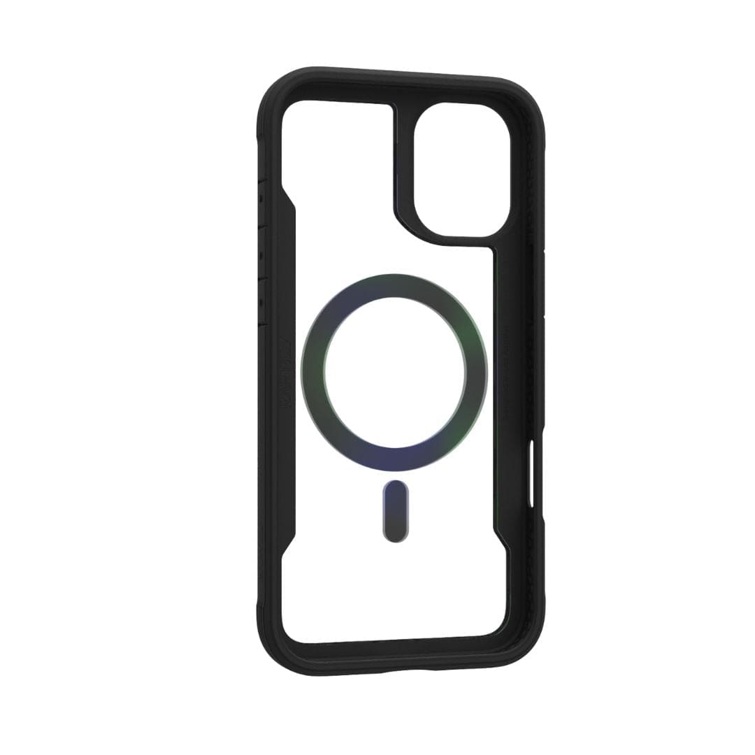 The Raptic Shield 2.0 MagSafe for iPhone 16 Plus in black is displayed. The transparent back, crafted using the Dual Injection Process, features a circular MagSafe charging symbol with a smaller vertical line below it, indicating compatibility with MagSafe accessories. Its lightweight design includes precise cutouts for the camera and buttons, offering protection while maintaining full functionality.