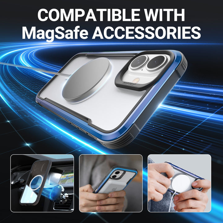 Graphic showcasing the Raptic Shield 2.0 MagSafe for iPhone 16 Plus, highlighting its compatibility with MagSafe accessories. The main image displays the case's lightweight build and IML Process MagSafe ring, featuring a dual camera cutout. Three smaller images show the case on a magnetic car mount, being held in hand, and with a MagSafe charger attached. Text reads "COMPATIBLE WITH MagSafe ACCESSORIES" at the top.