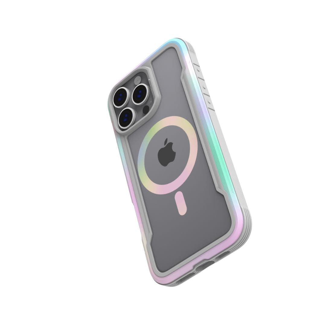 A smartphone with the Raptic Shield 2.0 MagSafe for iPhone 16 Pro Max on a white background, featuring a multi-colored, iridescent TPU bumper case. The phone's rear displays three camera lenses and an Apple logo, encircled by a subtle MagSafe ring. The edges of the Raptic Shield 2.0 case showcase a stylish rainbow gradient touch.